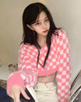 Korean Plaid Knit Crop Cardigan