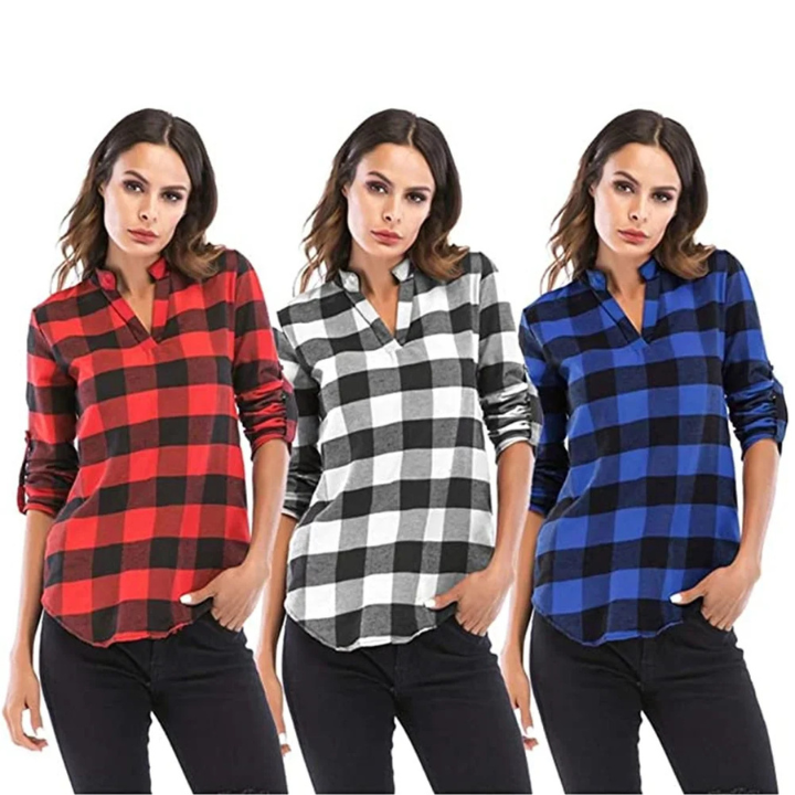 Notch V-Neck Plaid Shirt 👚