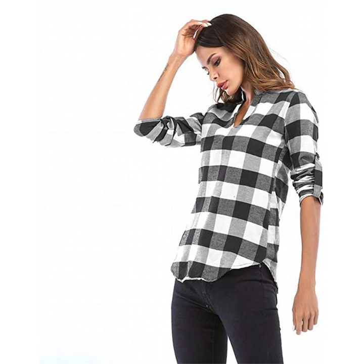 Notch V-Neck Plaid Shirt 👚