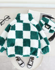 Cartoon Thicken Plaid Kids Jacket with Cony Hair Detailing