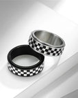 Rotatable Black and White Checkered Stainless Steel Ring
