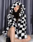 Chic Checkerboard Furry Bomber Jacket
