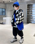 Checkerboard Zipper Fleece Coat for Young Boys
