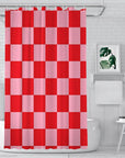 Creative Checkered Pink and Red Waterproof Shower Curtain Set