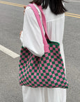 Retro Checkered Crochet Tote Bag