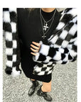Chic Checkerboard Furry Bomber Jacket
