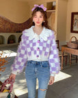 Korean Purple Plaid Cashmere Cardigan