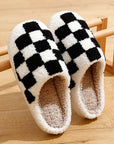 Checker Embroidered Fuzzy Slippers