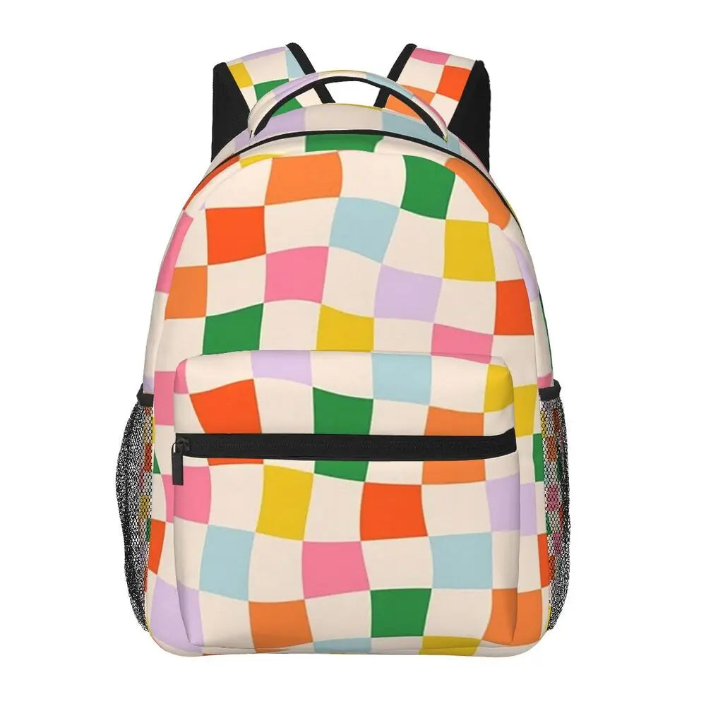 Wavy Colorful Checkerboard Pattern Backpacks for Boys &amp; Girls 👜