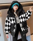 Checkerboard Splice Winter Jacket for Teenagers